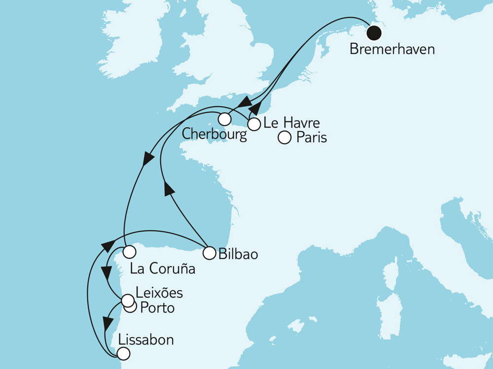 Mein Schiff 1 Angebot der Woche Westeuropa mit Lissabon - Routenbild